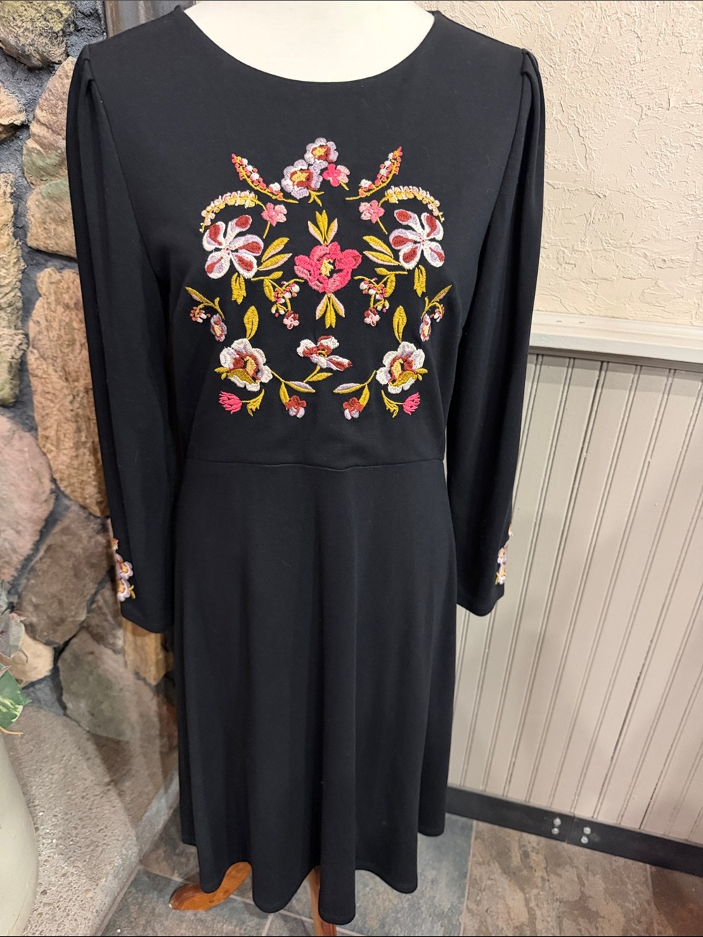 Black Long Sleeve Dress with Pink & Yellow Floral Embroidery